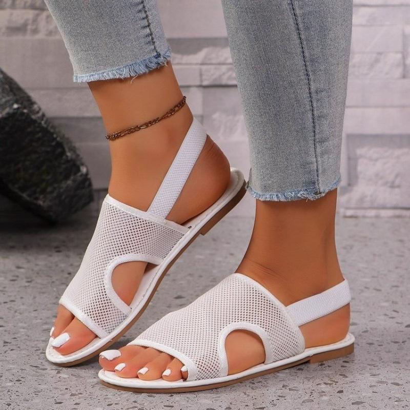 Large Size Mesh One-Word Belt Hollow Cool Slippers Summer New Flat Bottom Round Head Beach Women'S Shoes
