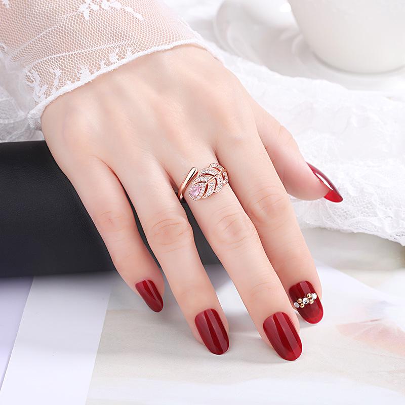 Artistic Leaf Feather Ring with Zircon Inlay - Japanese & Korean Style