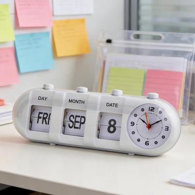 Perpetual Desk Calendar with Clock Vintage Manual Flip Calendar Digital Alarm Clock