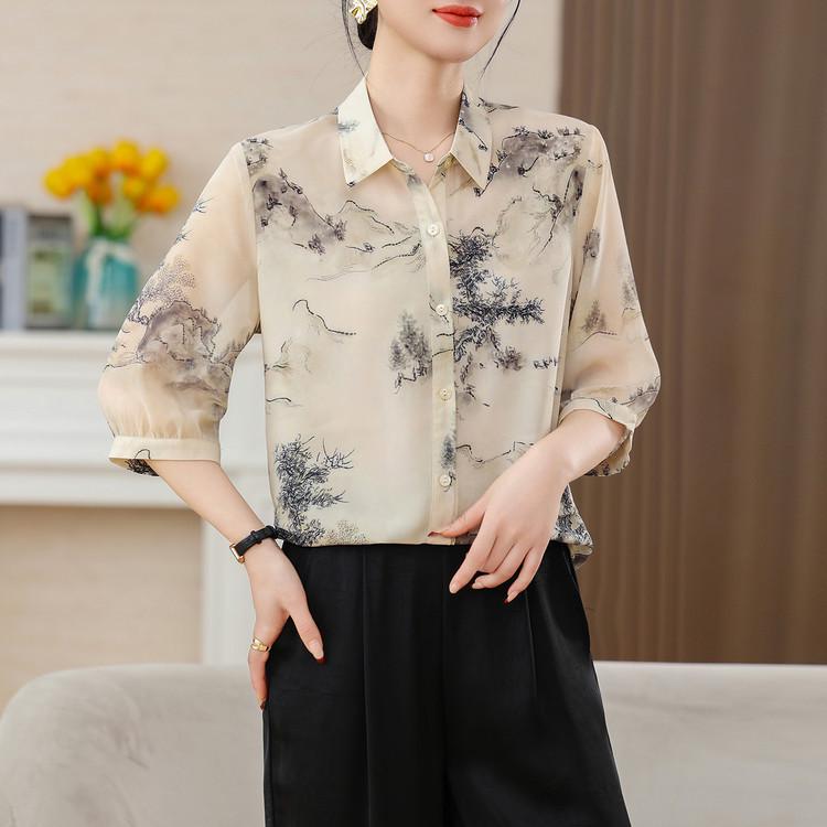 2026 Summer Seven-Sleeve Printed Imitation Silk Lapel Shirt for Women