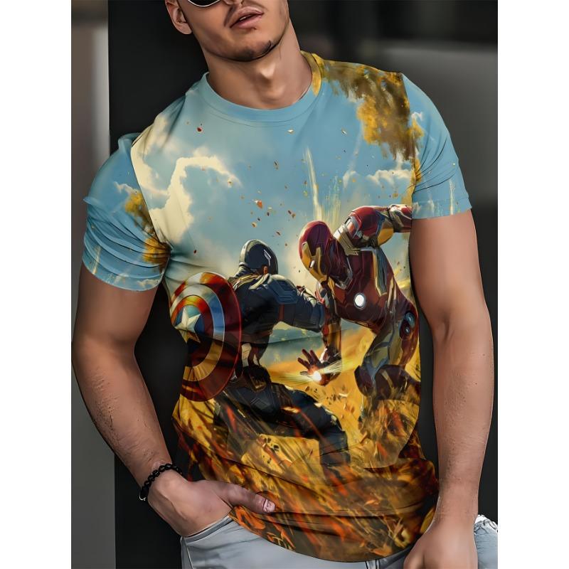 Men's Cartoon Iron Man Pattern 3D Embroidery Summer Quick-Dry Breathable Casual Round-neck Short-Sleeve T-Shirt