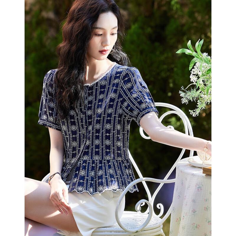 Women s 100% Cotton Embroidered Puff Sleeve Shirt S