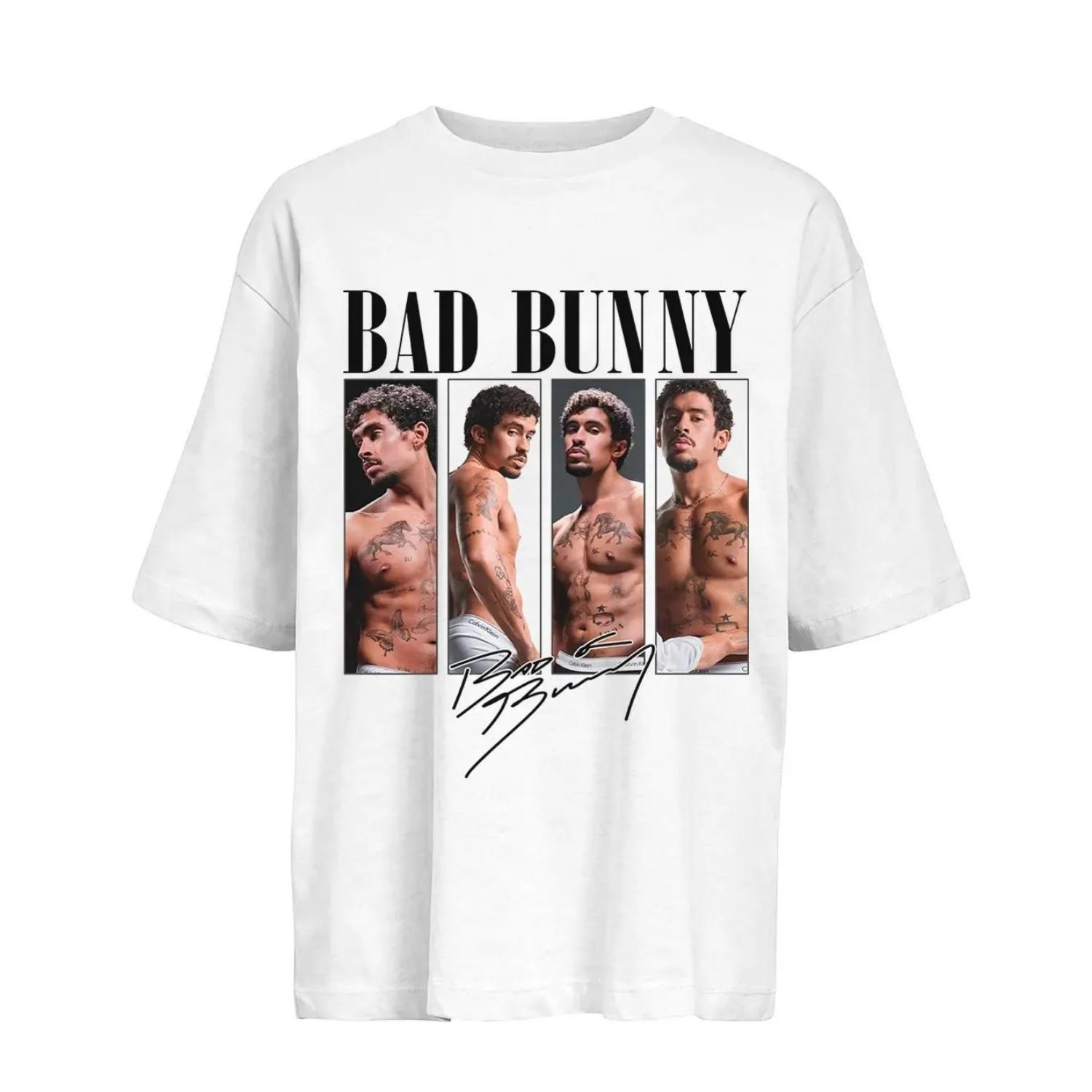 

Bad Bunny Print T-shirt Men Women Oversized Y2k Sleeve Heavy Cotton Loose Street Harajuku Clothing High Quality Casual Loose S чёрный