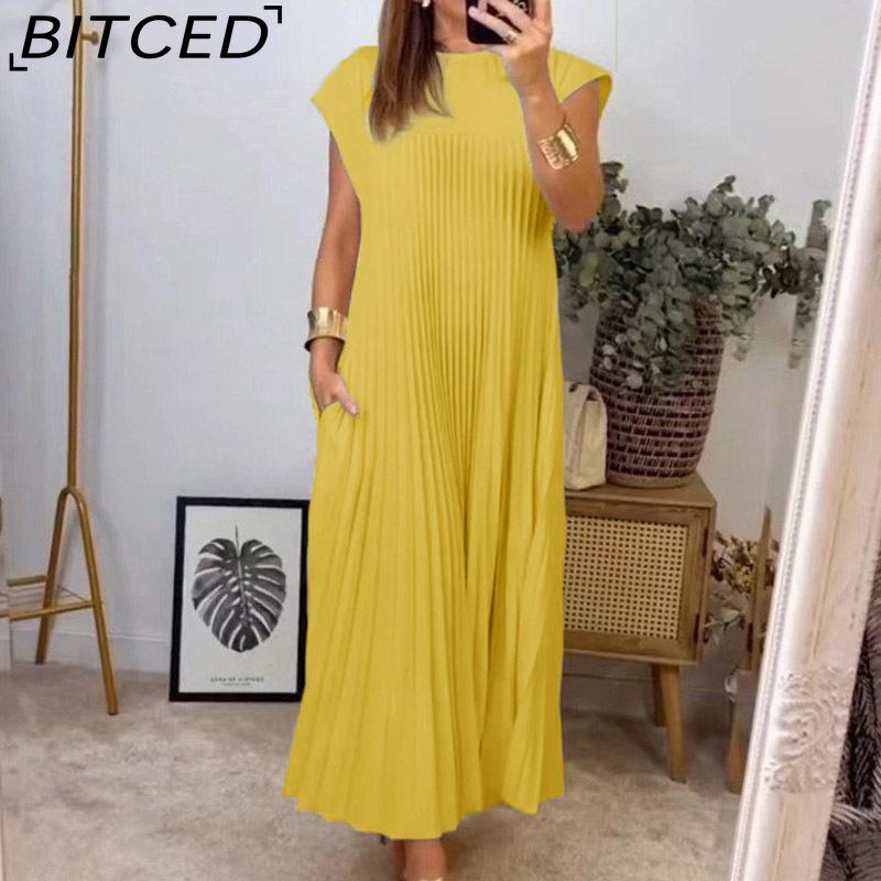 BITCED Herbst Damen Elegantes Mode O-Ausschnitt Ärmelloses Plissee Maxikleid