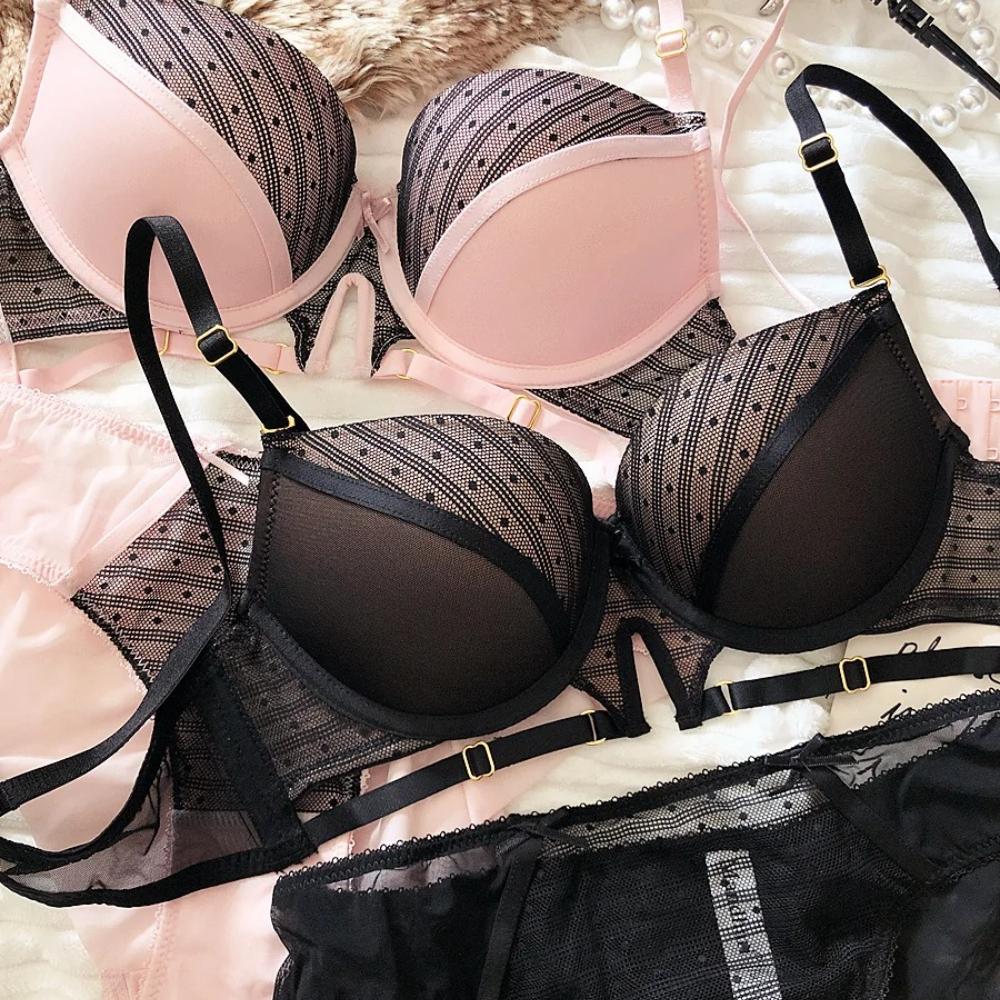 Sexy Hollow Underwear Set for Women 3/4 Cup Push Up Bra Lace Splicing Color Brassiere and Panties Ladies Intimates Lingerie