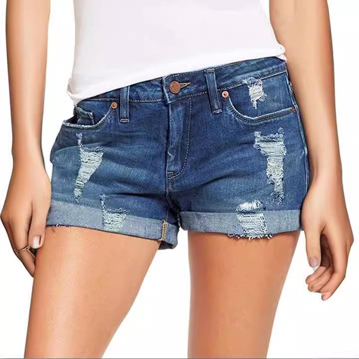 

Elastic Ripped Denim Shorts for Women - Euro-American Style XL темно-синього кольору