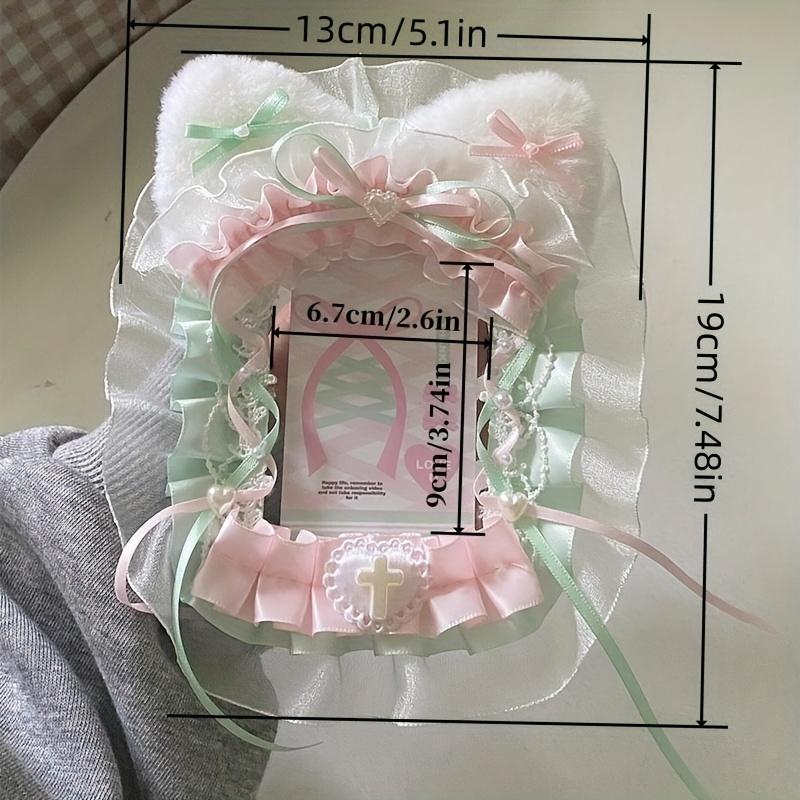 Photo Display Decor Handcrafted Plush Cat Ears & Pink Bow Lace Photo Card Holder - Charming Bag Pendant with Heart & Cross Accents Cat Lover Gifts
