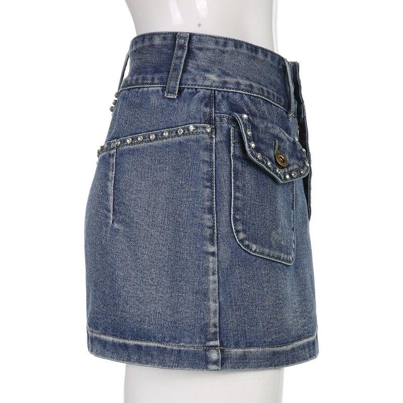 Vintage Diamonds Denim Mini Skirts Y2K Aesthetic Korean Kawaii Low Rise Skinny Wrap Bodycon Jeans Penceil Skirt Women Streetwear