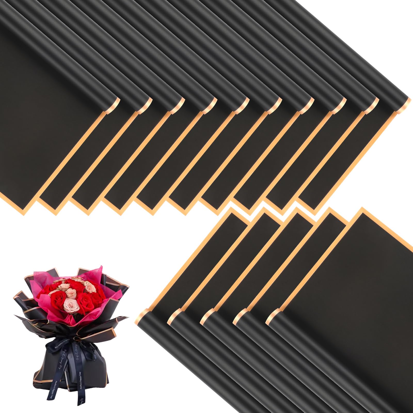 

1p20 Sheets Black Flower Wrapping Paper with Golden Edges, Korean Florist Bouquet Supplies, Waterproof Packaging, Great for 2026