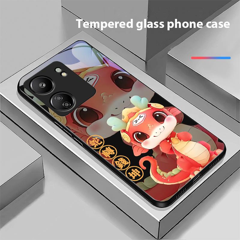 New Cartoon Snake For Xiaomi Redmi 13C Note13 12 Pro Plus 5G Note 9 13T Pro POCO X6 F5 F6 Black Tempered Glass Phone Case