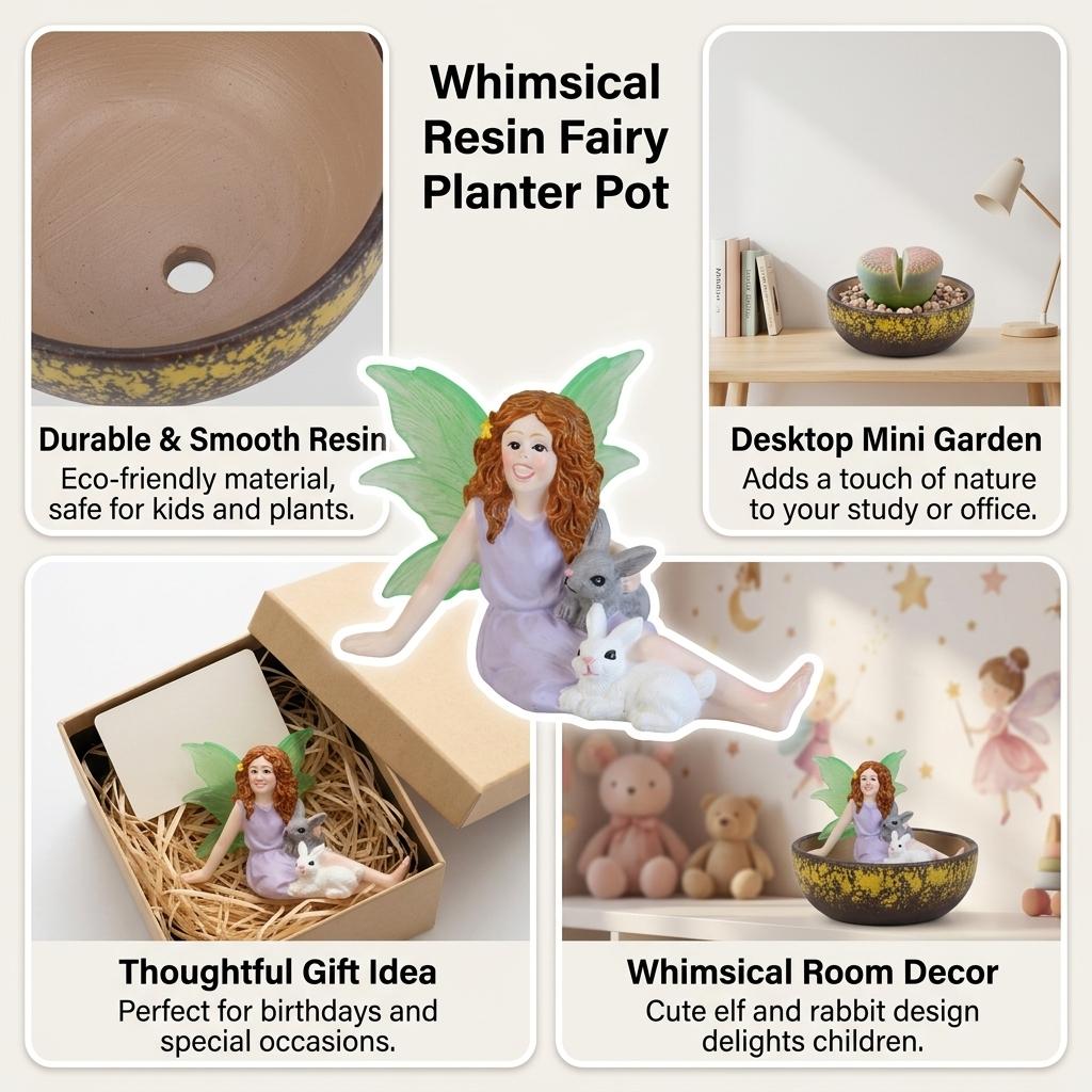 Resin Girl Rabbits Mini Landscape Planter Pot Succulent Decoration Elf Ornament With Drainage Hole For Small Plants