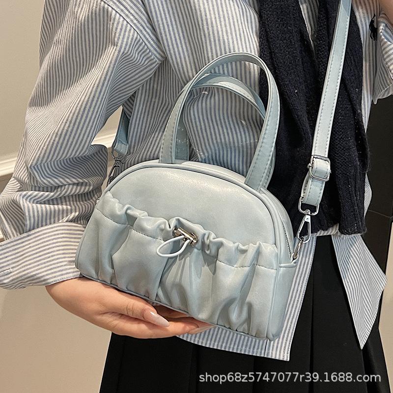 2025 New Western-style Pleated Solid Color Large Capacity Handbag Simple Shoulder Bag Retro Crossbody Bag