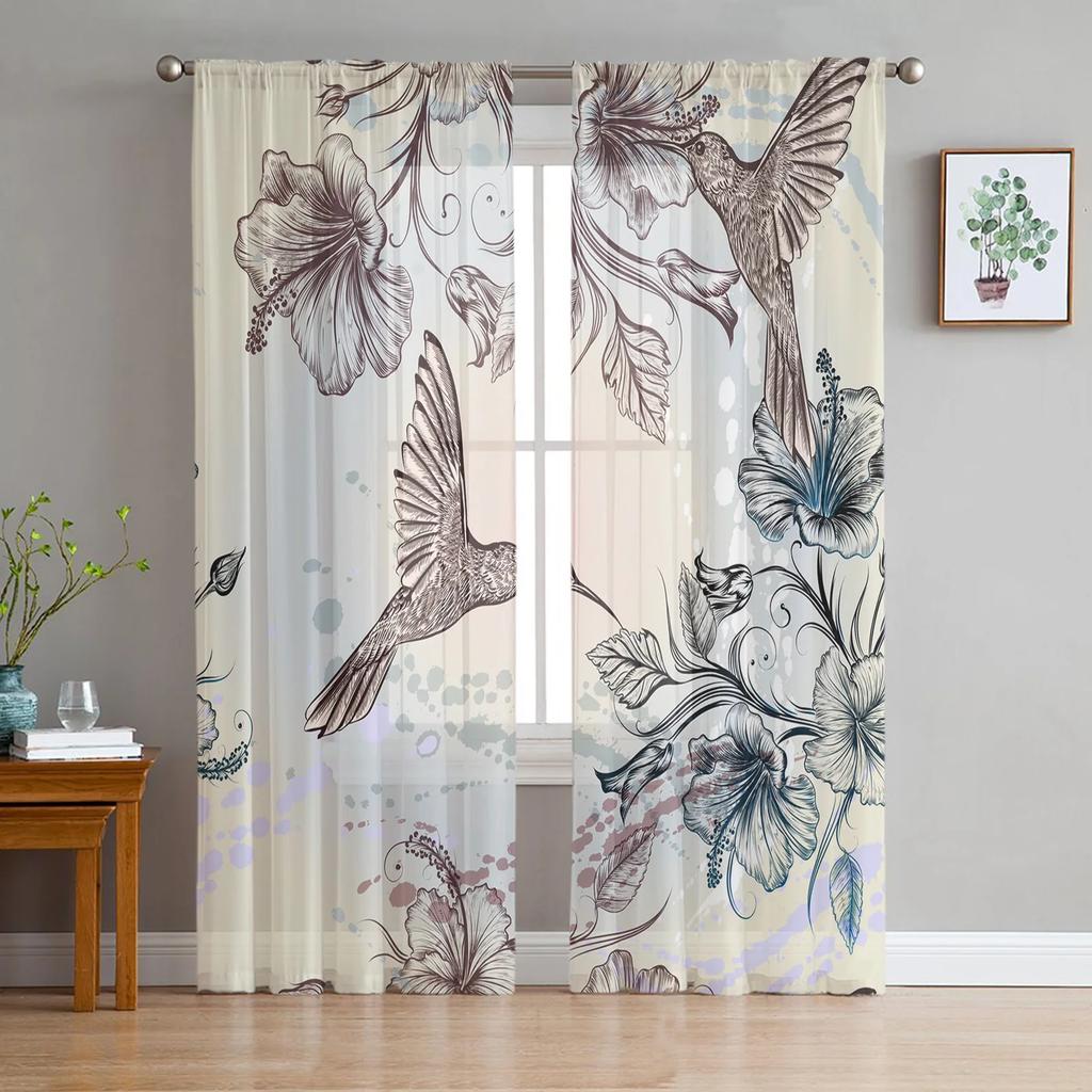 Sheer Hummingbird Pink Flower White Tulle Curtains Living Room Bedroom Decoration Transparent Chiffon Voile Window Curtain Polyester Washable Sitting