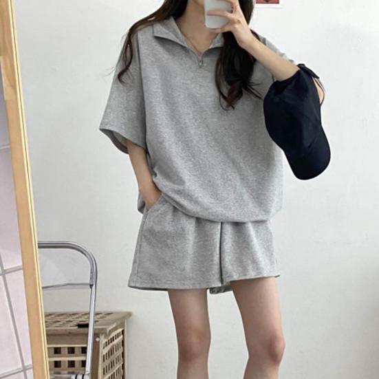 2 Pcs/Set Sweatshirt Shorts Set  Loose Solid Color Lapel Half Sleeves Pockets Elastic Waist Zipper Collar Breathable Soft Summer Tracksuit