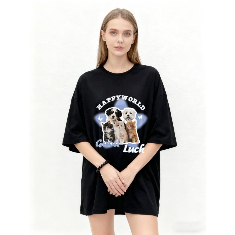 Oversized T Shirt Black Happy World Good Luck Cute Dogs And Cats Print Casual Everyday Wear