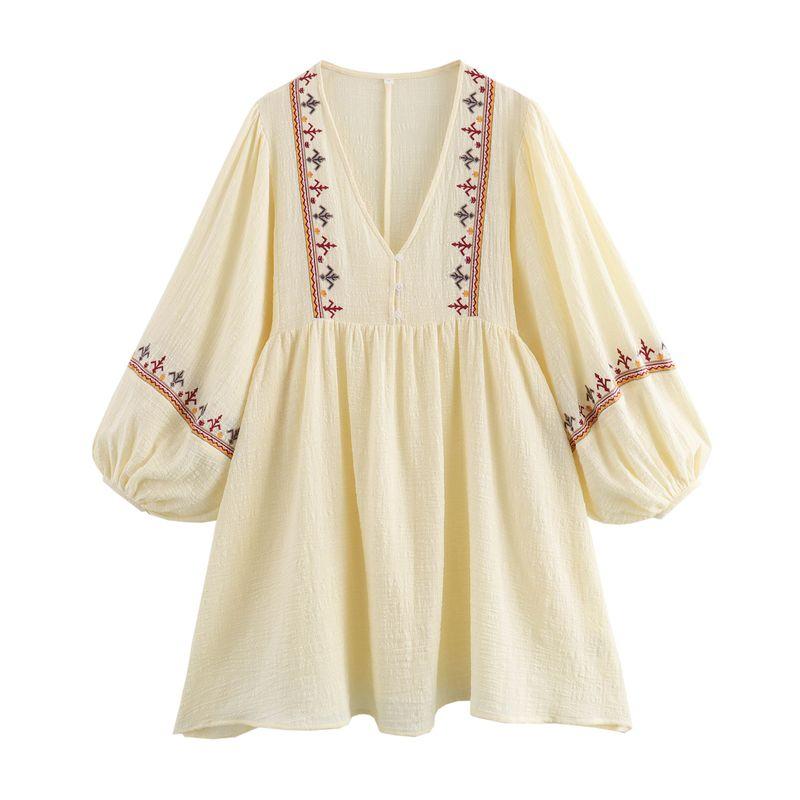 

Zbzr Spring New Women clothes Western Style Fashion Simple Casual Patchwork Embroidery Short Dress 5770042 Beige L