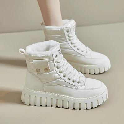 Fashion 2024 High Quality Women's Shoes Lace Up Women's Boots Winter Round Toe Plush Fleece for Warmth Solid Short Barrel Platform Boots