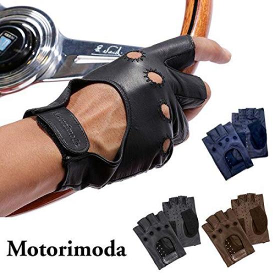 Motorimoda Original T4 Driving Sheepskin Made in Size Black Half-Finger Gloves, Leather, Japan, L,