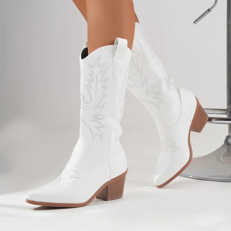 High Quality Block Heels Mid-calf White Cowboy Boots Luxury Shoes Women Vintage Country Concert Western Boots Botas Para Mujer