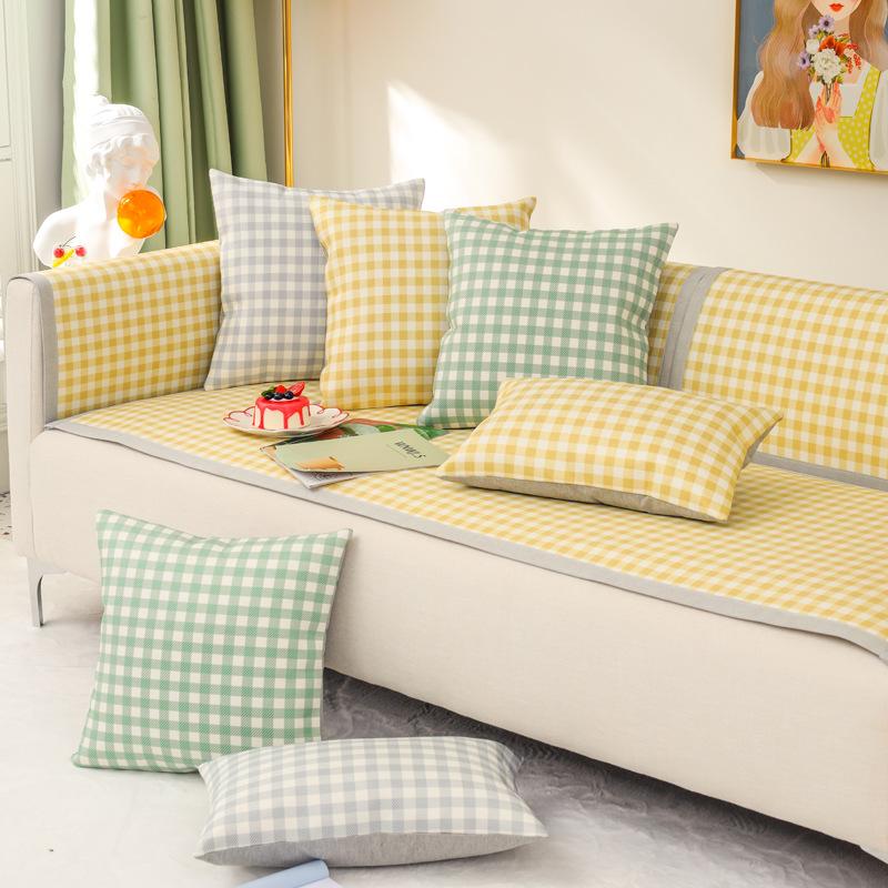 Fresh Small Plaid Summer Mat Sofa Cushion Leather Sofa of Solid Wood Full Covered Cloth Rattan Mat Cool Cushion