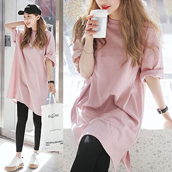 MaxWant Long Loose Drop Side Solid Casual Women's T-Shirt Dress, Fit, Summer, 3/4 Sleeves, Knee-Length, Shoulder, Slit, Color, (XL, Pink)