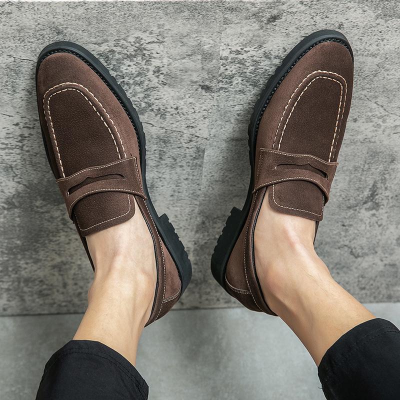 Fashion British Style Retro Brown Men's Leather Casual Shoes High-end Suede Leather Shoes Thick Soled Men's Loafers Trendy New Styles