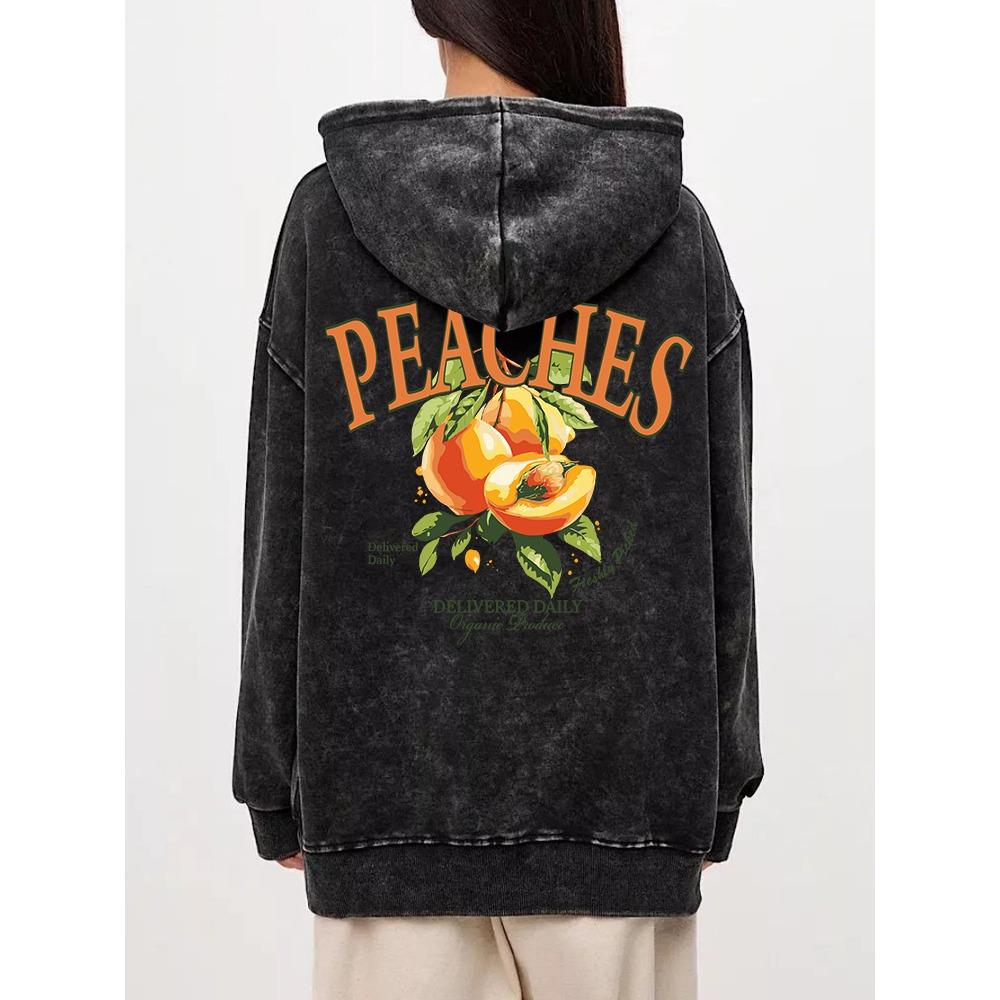 Cotton Woman Washed Hoodies Fresh Peaches Delivered Daily Printed Streetwear Oversize Pocket Warm Pullover Clothes
