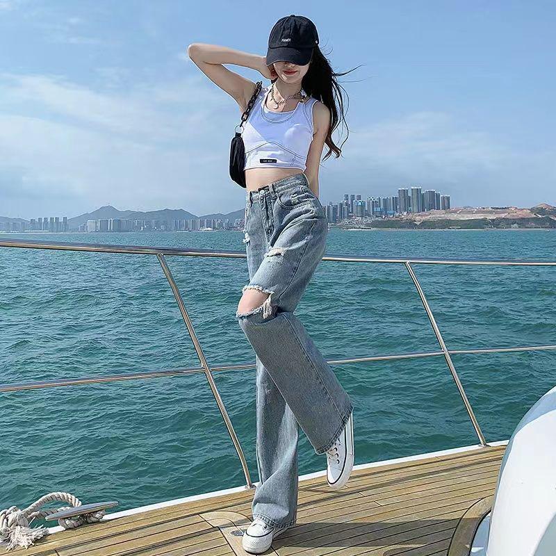 High-Waist Slim Ripped Jeans for Women - Versatile Summer 2022 Loose Wide-Leg Pants