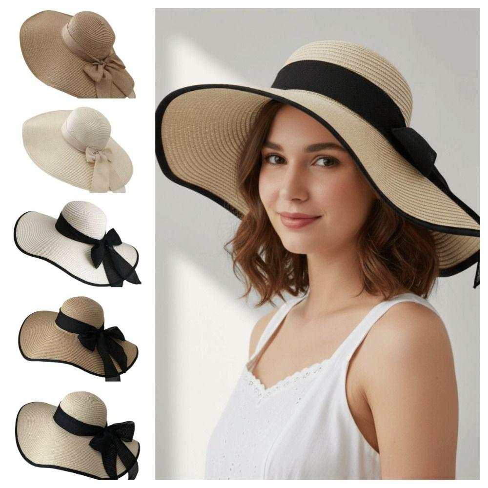 Wide Brim Weave Sun Cap Bowknot Ribbon Sun Protection Hat Casual Straw Sun Hat Seaside