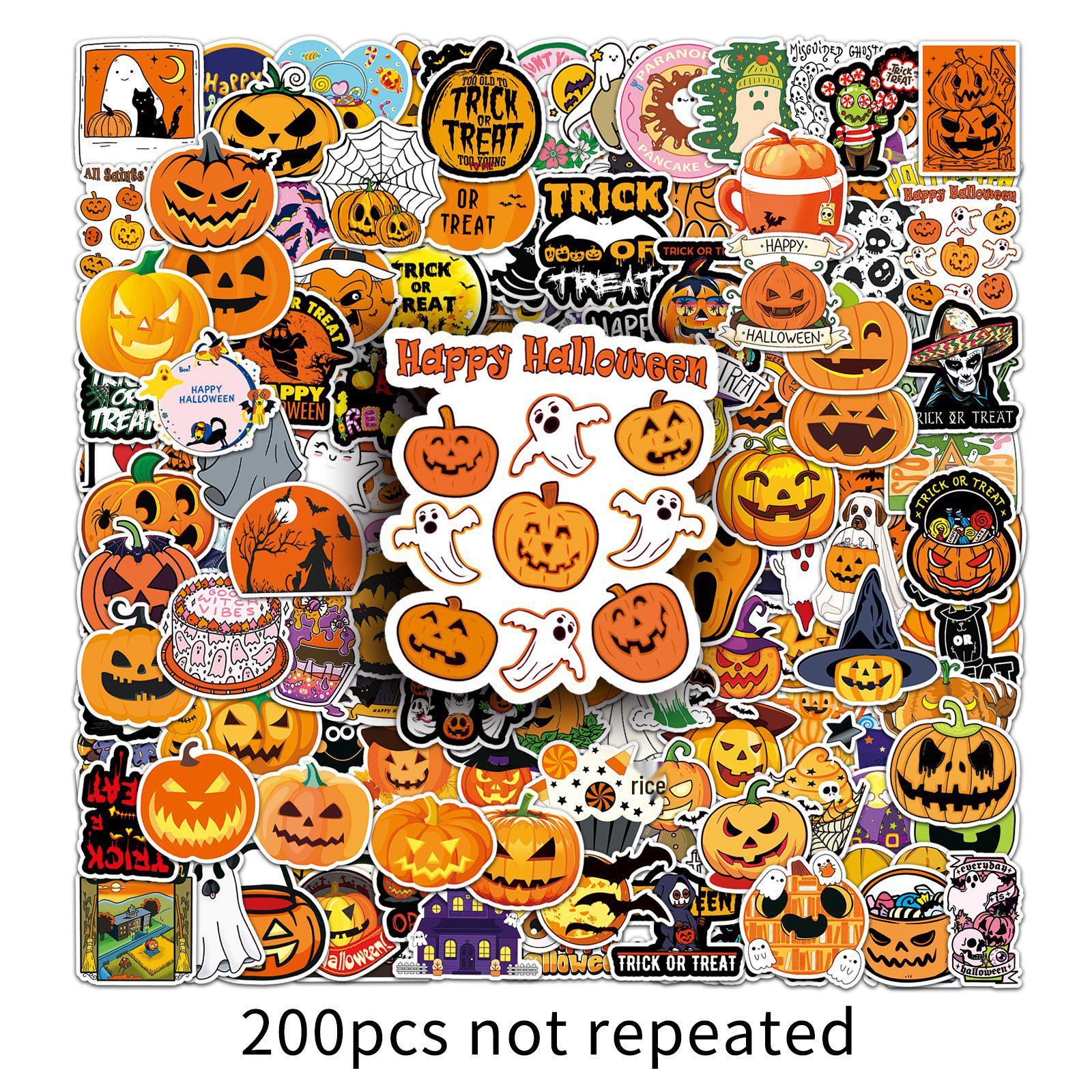 200 Halloween Journal Stickers: Cartoon Horror Pumpkin, Ghost, Graffiti Designs for DIY Suitcase Decoration, Waterproof