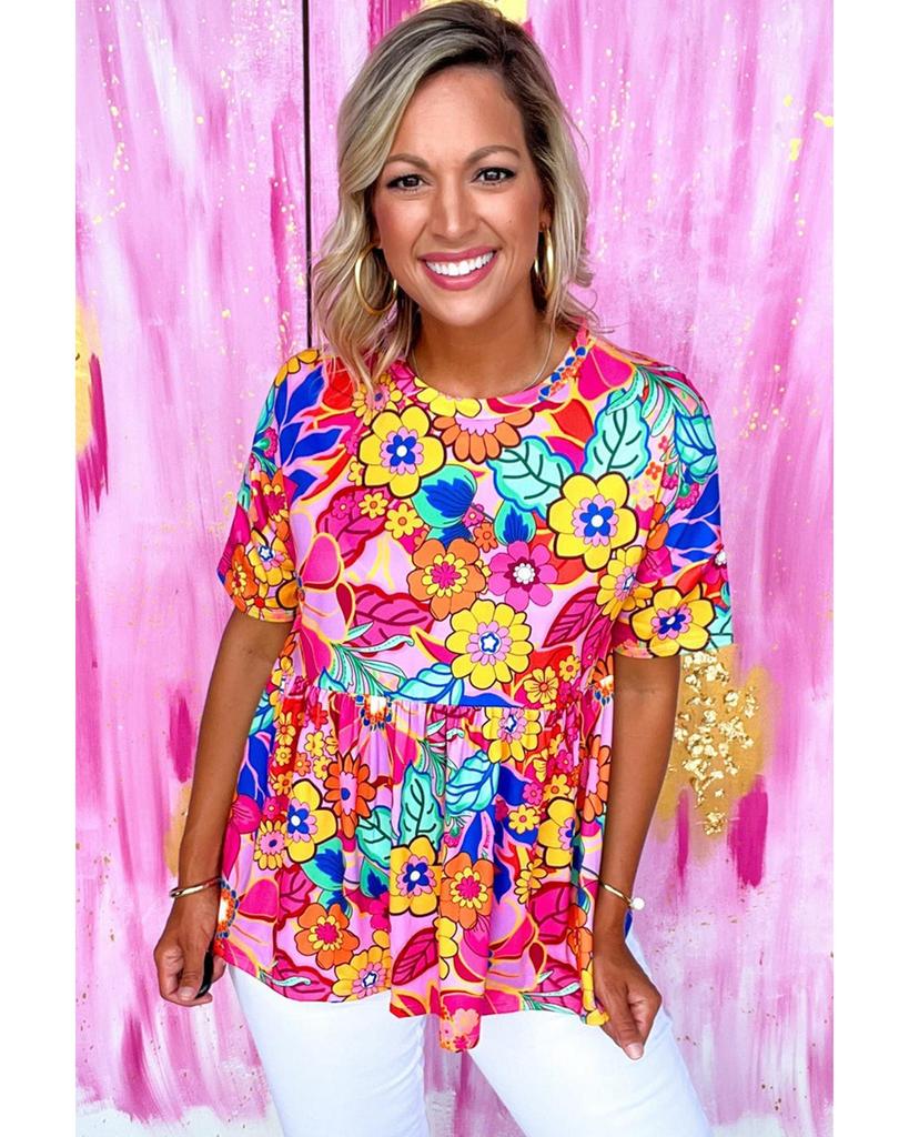 Azura Exchange Rose Floral Print Short Sleeve Pleated Babydoll Top