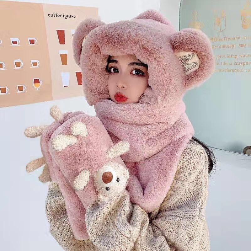 Three-piece hat set for women, autumn and winter, with fleece lining, thickened, integrated scarf and gloves, plush, warm, Korean style, ear