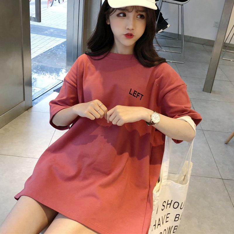 Women's T-shirt Summer Letter Tee Basic Shirts Women Solid O-Neck Short Sleeve Long Casual Female