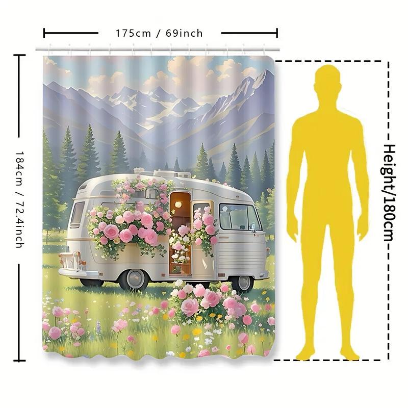 Charming Floral Camper Shower Curtain Nature Inspired Home Decor Waterproof Fabric Bathroom Accessories Set with Hooks