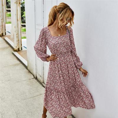 Robe longue Vintage pour femmes, automne hiver, col carré, imprimé Floral, taille haute, manches longues, noir, vert, violet, S-XL
