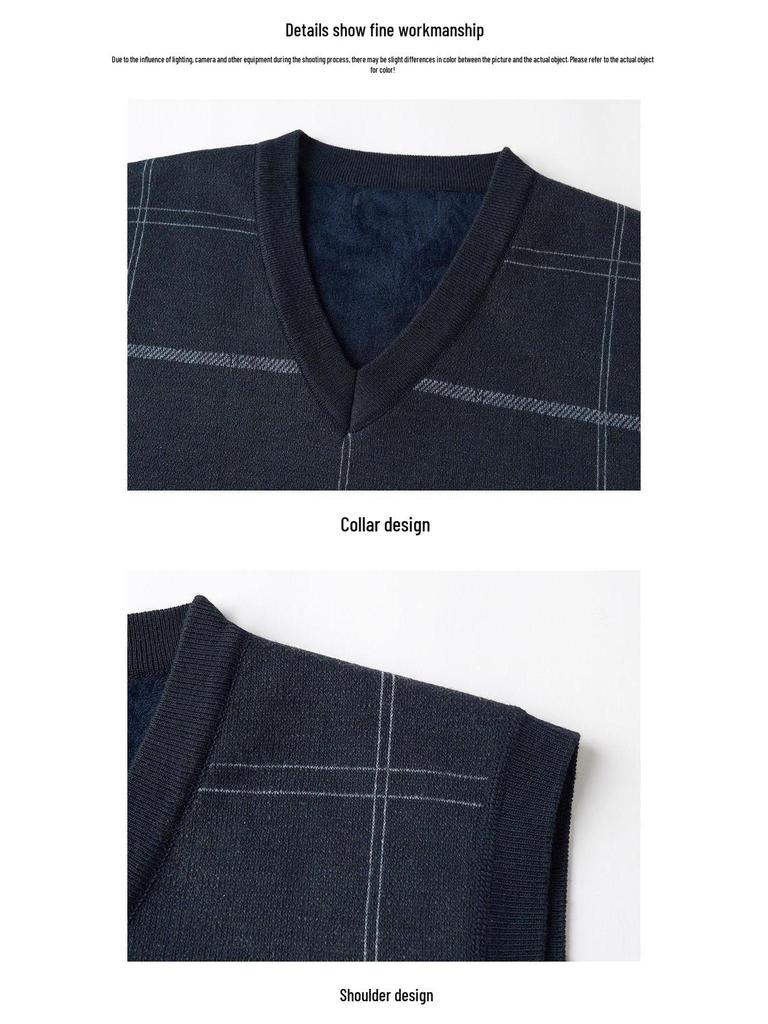 Dad's Fleece-Lined Sweater Vest: Warm Knitted Base Layer for Middle-aged and Elderly Men in Autumn and Winter.