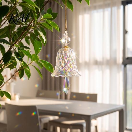 Outdoor Garden Decor Decorations Faux Crystal Bell Suncatcher, Glass Prism Wind Chime Hanging Ornament, Clear Indoor Home Christmas Tree Rainbow Maker