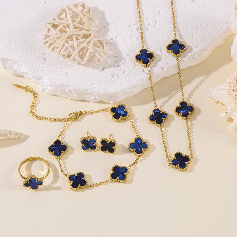 4pcs Four-Leaf Clover Four-Piece Set Including Necklace, Bracelet, Earrings and Ring, Versatile Lucky Five-Petal Fashion Jewelry