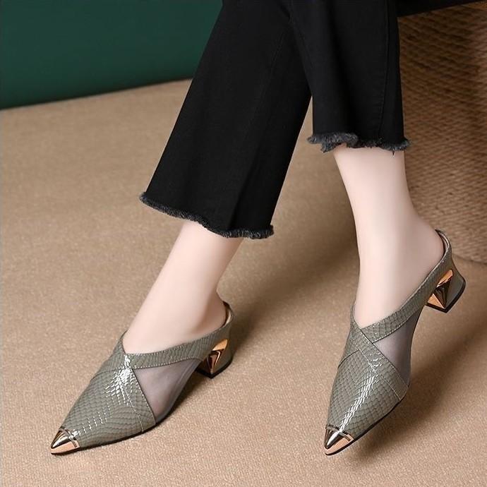Spring and summer new anti-collision metal pointed middle heel half slippers women wear thick heels horseshoes and commuter bag head sandals