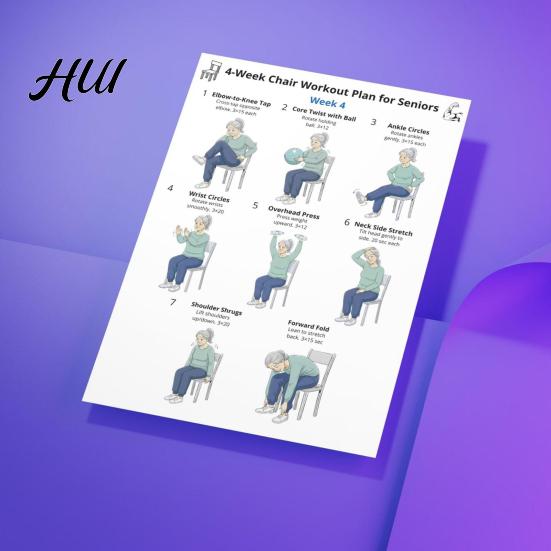 Yoga sulla Sedia per Anziani 4 Pezzi 4 Settimane Tabella Esercizi Anziani Allenamento Completo da Seduti Allenamento a Casa Anziani Senza Palestra & Poster di Forza Basso Impatto