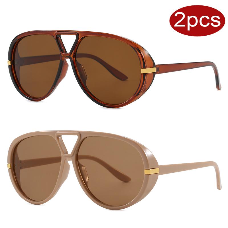 2pcs Oversized Pilot Oval Frame Sunglasses Women Punk Style Vintage Double Beam Sun Glasses For Lady Outdoor Eyewear UV400