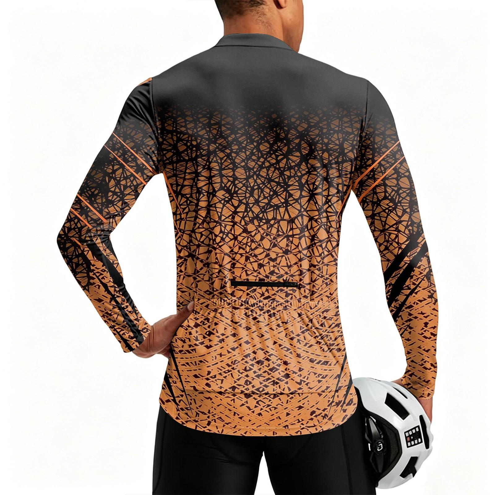 Men’s Crew Neck Printed Zip Long Sleeve Breathable Quick Dry Cycling Jersey Lightweight Fabric Sportswear Top M