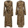 Women Leopard Print V Neck High Waist Irregular Long Sleeve Casual Dress