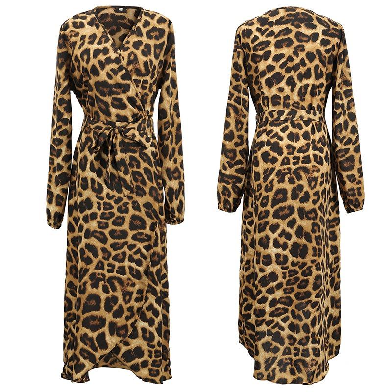 Women Leopard Print V Neck High Waist Irregular Long Sleeve Casual Dress