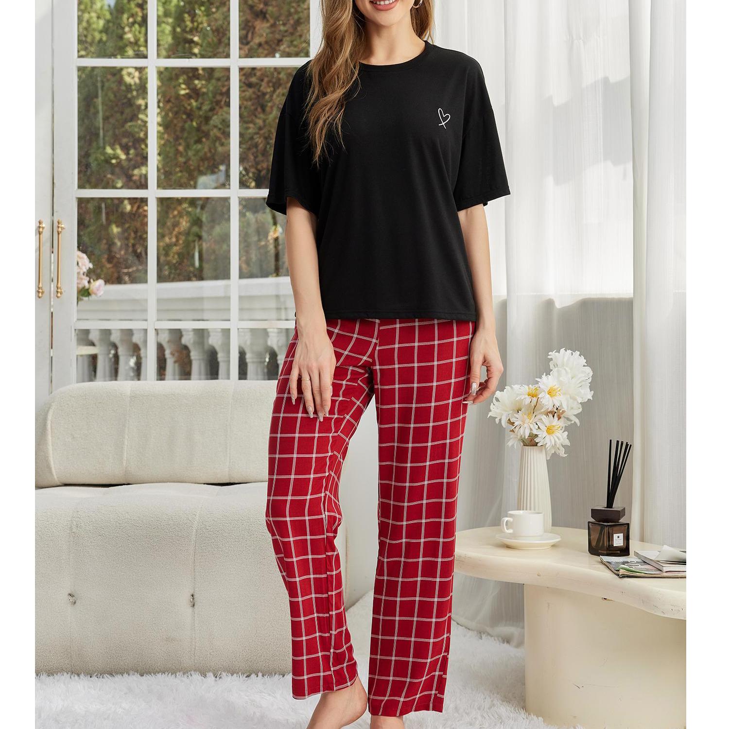 

Женские пижамы, спальные костюмы, рубашка с круглым вырезом и половиной рукава, длинные клетчатые брюки, удобная ночная рубашка, домашняя повседневная одежда, ночная рубашка, летняя ночная рубашка XL красный
