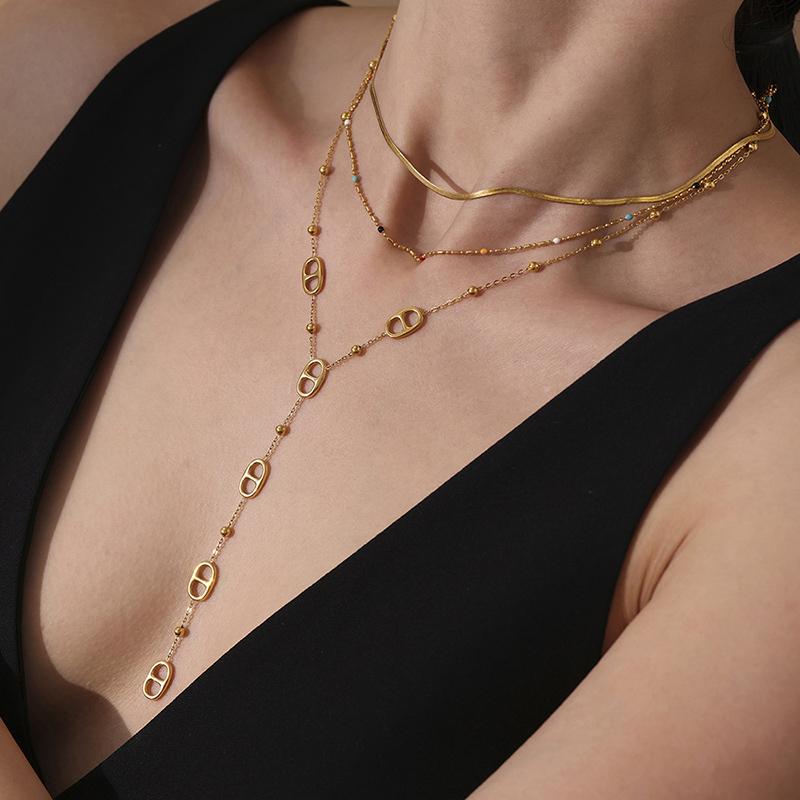 Premium Edelstahl Langes Halskettchen Trendiger Schweinenasen-Stil Y-Form Tropfen Anhänger Wasserdichte Halskette für Damen Mädchen Schmuck