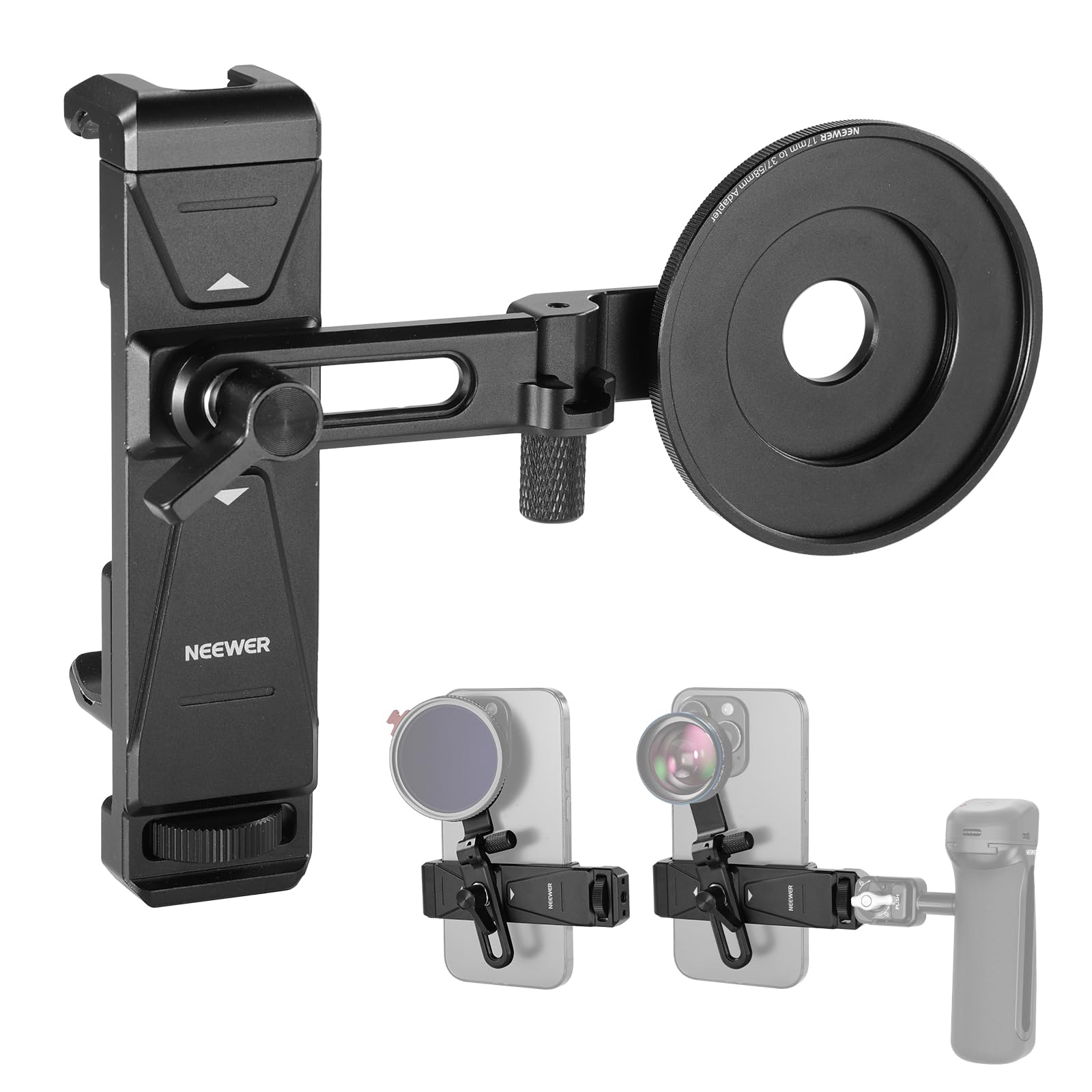 

NEEWER Smartphone Holder Smartphone Adapter Filter Ring Clamp Adjustable Universal Tripod Mount Compatible with iPhone 17 Pro Max 16 S25 Ultra PA047
