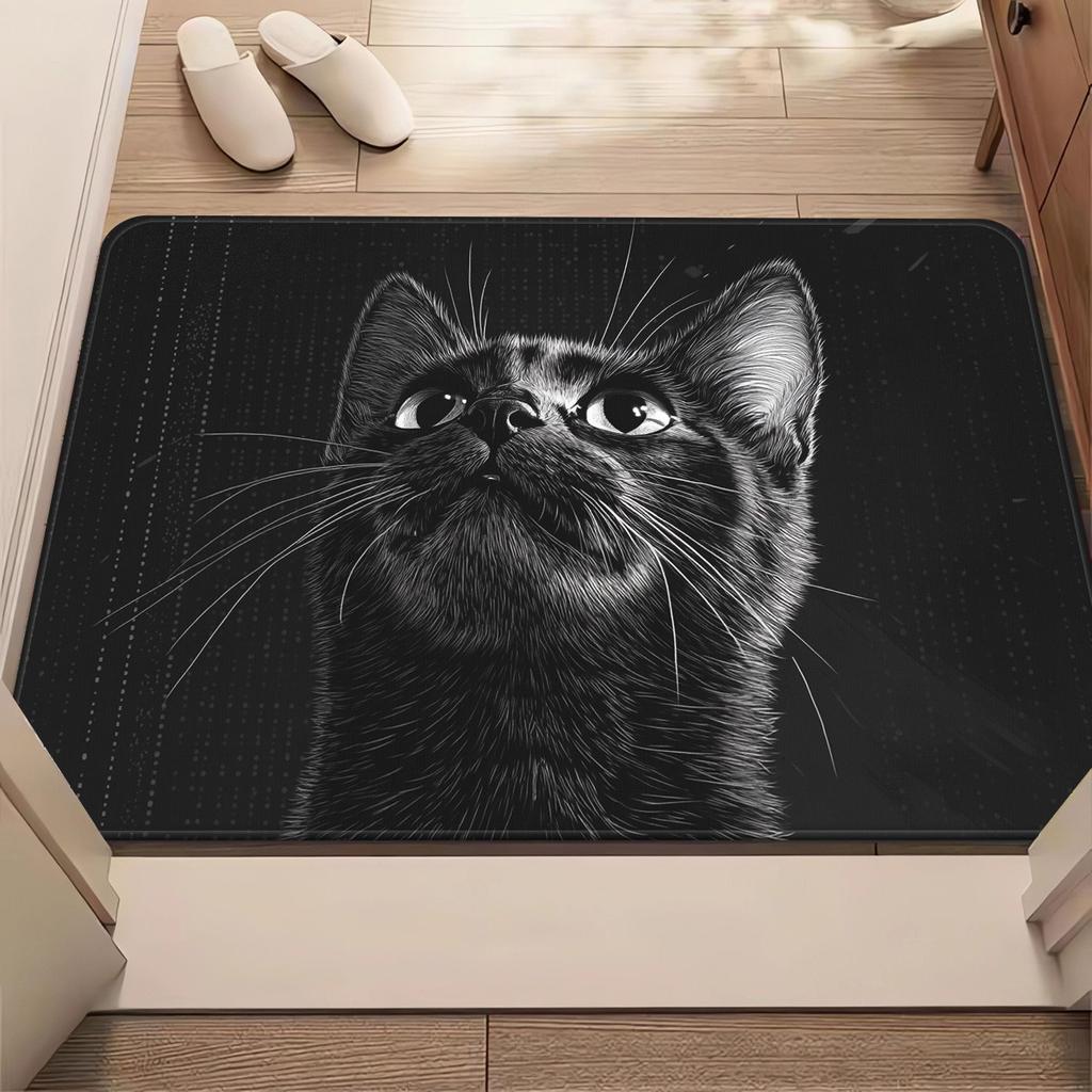 1pc Black Cat HD Printed Non-Slip Door Mat – Microfiber Absorbent, Machine Washable Polyester Rug for Bathroom, Bedroom, Living