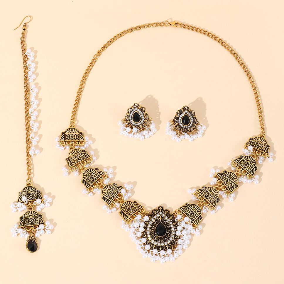 European and American Retro Metal Earrings Necklace Set, Pearl Tassel Forehead Chain Hair Accessories 1-piece Set