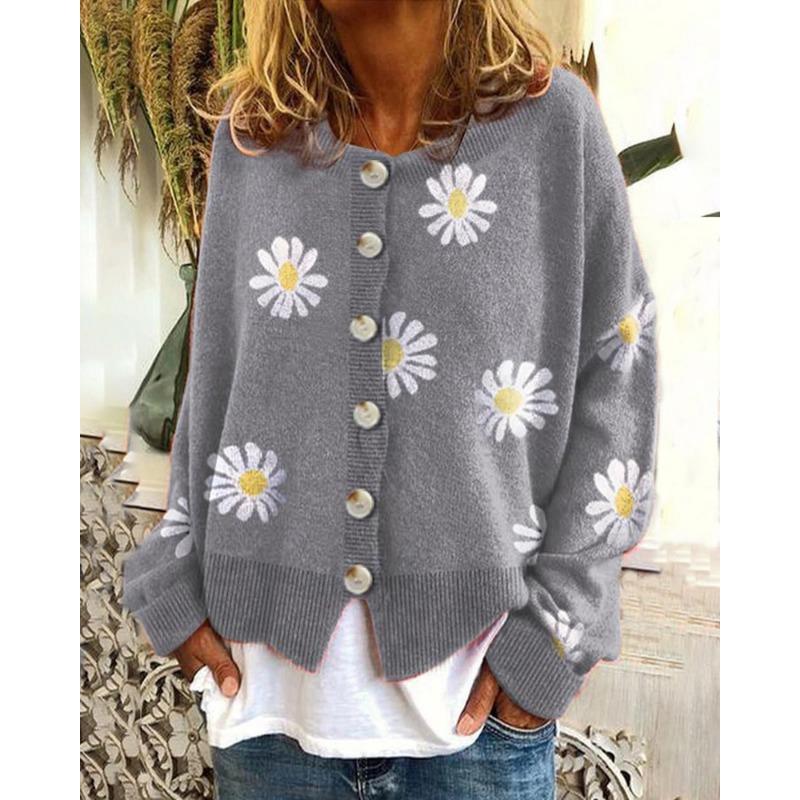 Women S Long Sleeve Knit Cardigan Floral Embroidered Loose Fit Daily Urban Wear